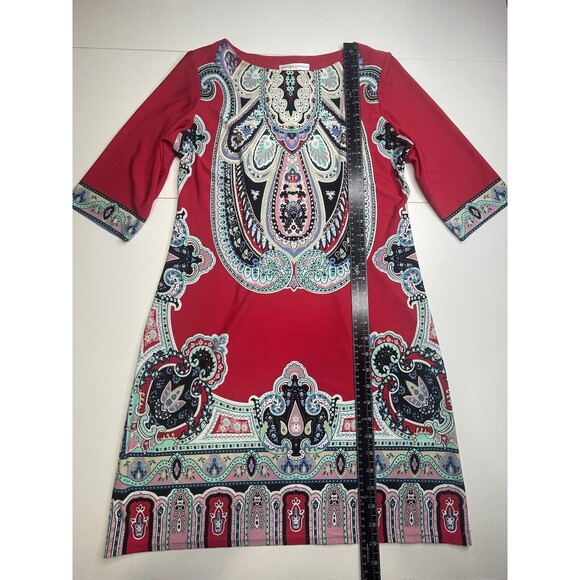Sandra Darren Women's Red Multicolor Paisley 3/4 Sleeve Shift Dress Size 6 - Picture 6 of 10